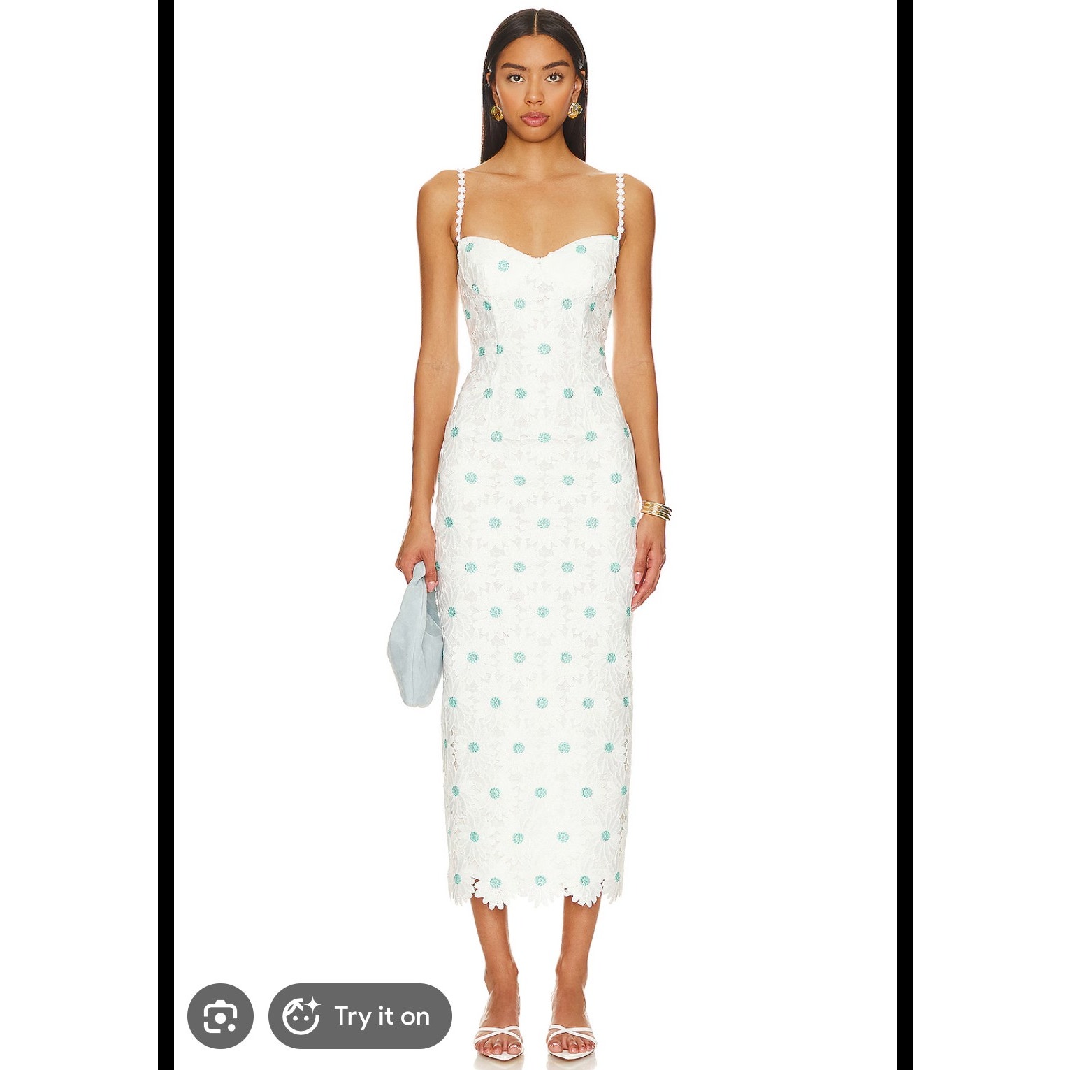 Saylor White Calibria Midi Dress W/ Mint Blue Daisy Flowers & Daisy Straps